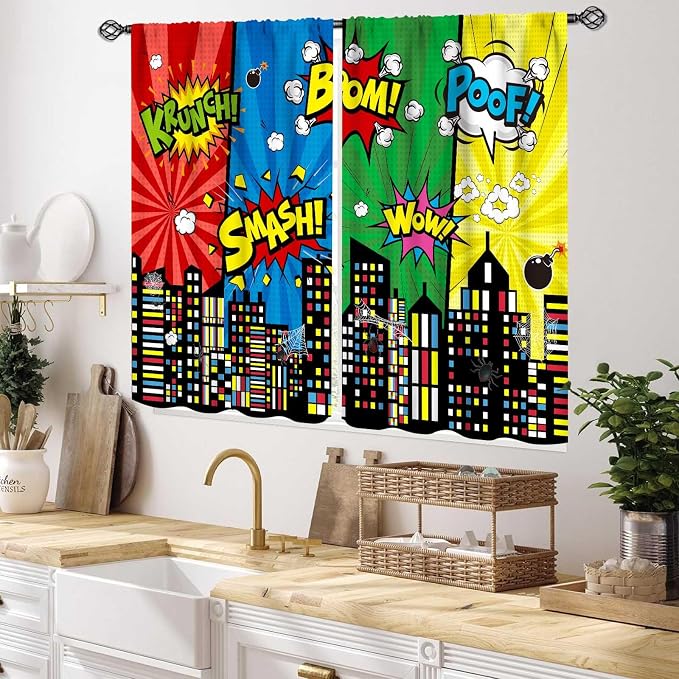 Super City Hero Curtain, Comic Style Cityscape Skyline Buildings Cartoon Window Curtains for Boys Kids Teens Baby Room Bedroom Living Nursery 2 Panel Sets, 55x39 Inch
