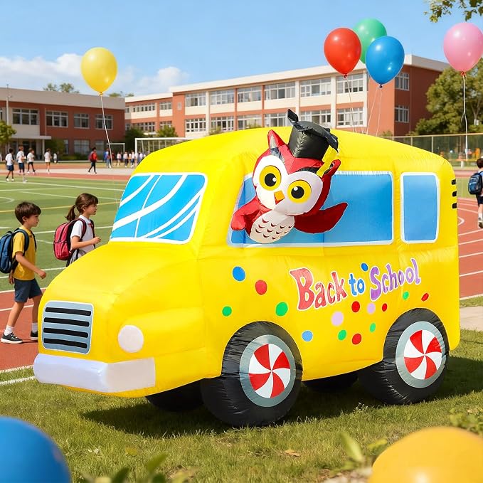 DomKom 6FT Back to School Inflatable Professor Owl & School Bus with LED Lights – Blow Up Decor for Kindergarten First Day, Welcome Back & Graduation Parties, Ideal for Patio, Garden & Yard Décor