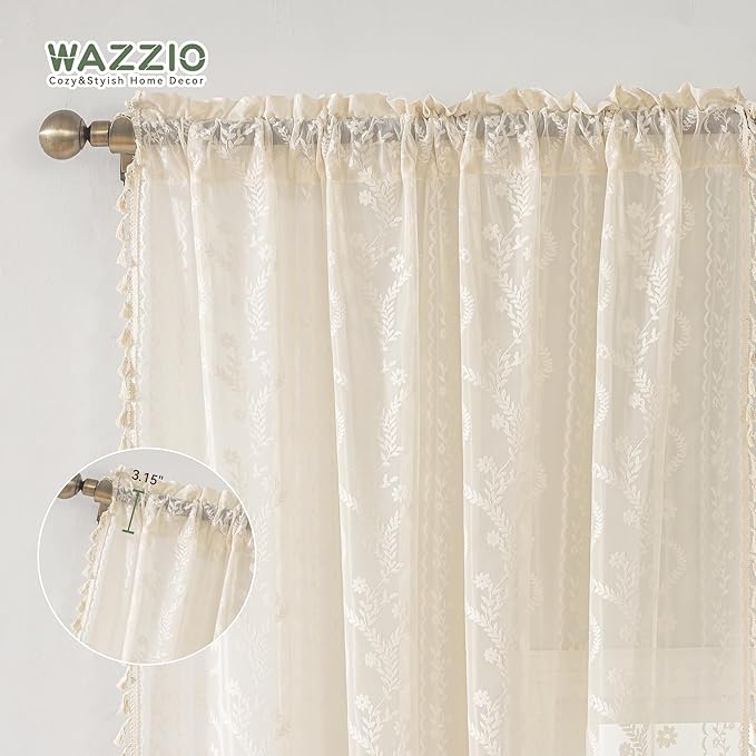 WAZZIO Boho Lace Curtains 2 Panels 80 Inches -Cute Vintage Victorian Sheer Panel Drape French Country Floral Pattern & Tassel Light Filtering Privacy for Bedroom Dining Living Room,Beige,W52x L80