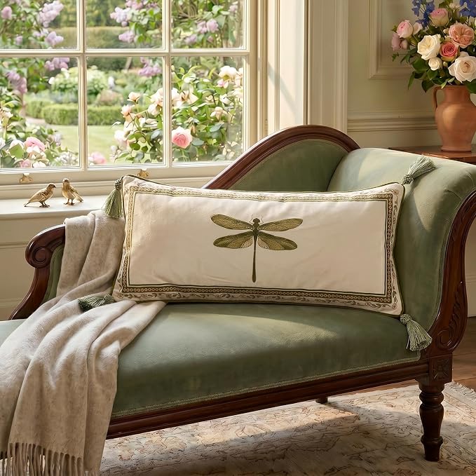 ISAENNE Designer Vintage French Velvet Throw Pillow Cover,28"x12"-Grace C | Pillow Cover,Concealed Zipper Design,Dragonfly Pattern,Sofas,Bedroom,Living Room,Lounge Chairs,All Season Home Decor