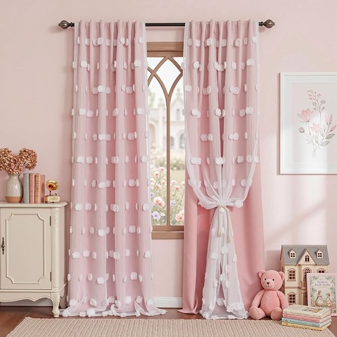 MYSKY HOME Pink Curtains for Girls Bedroom Double Layer White Pom Pom Sheer Window Panels for Kids Room Back Tab Room Darkening Window Drapes 54 Inches Length, W52 X L54, Blush Pink, 2 Pieces