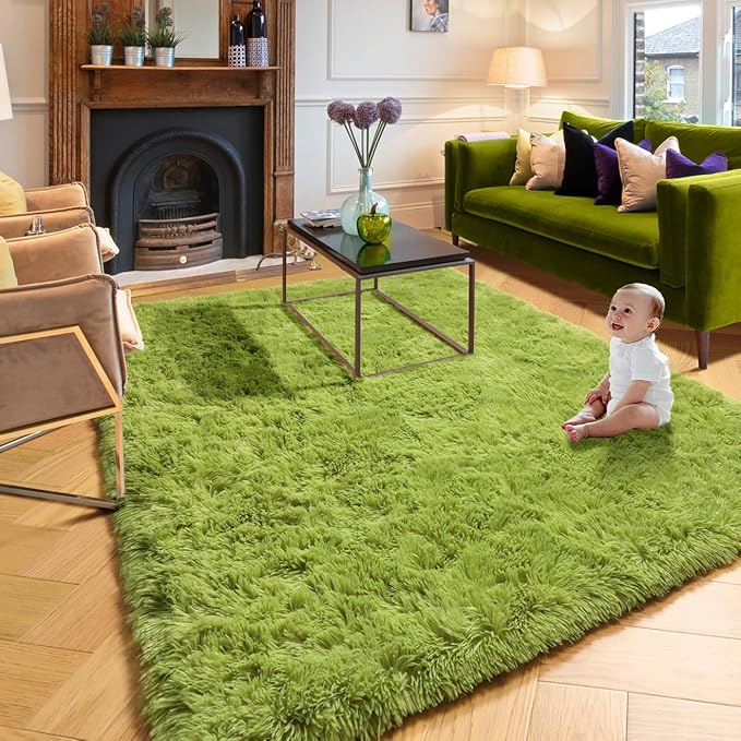 Grass Green Area Rugs for Bedroom, Fluffy Shag Plush Rug 5x7 for Kids Room Living Room Baby Nursery Decor Aesthetic, Cute Fuzzy Floor Furry Cool Shaggy Fuzzy Moss Carpet for Dorm Classroom Playroom