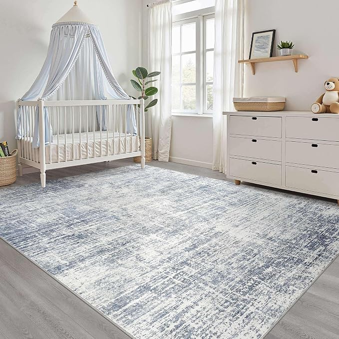 7x10 Area Rug Living Room: Washable Large Neutral Blue Rug Abstract Soft Modern Stain Resistant Indoor Floor Non-Slip Carpet for Bedroom Nursery Kids Office Playroom Dining Room Under Table Home