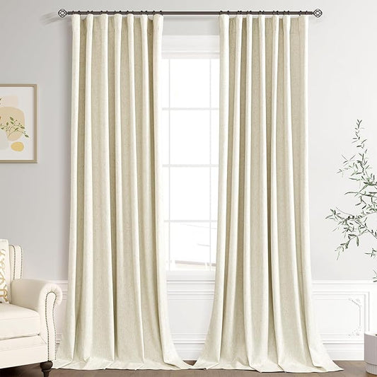 Joywell 100% Blackout Linen Curtains 96 Inch Long for Bedroom Black Out Curtain Noise Cancelling Drapes for Sliding Glass Door Window Rod Pocket Back Tab Hook Belt 2 Panels,52 x 96,Warm Beige