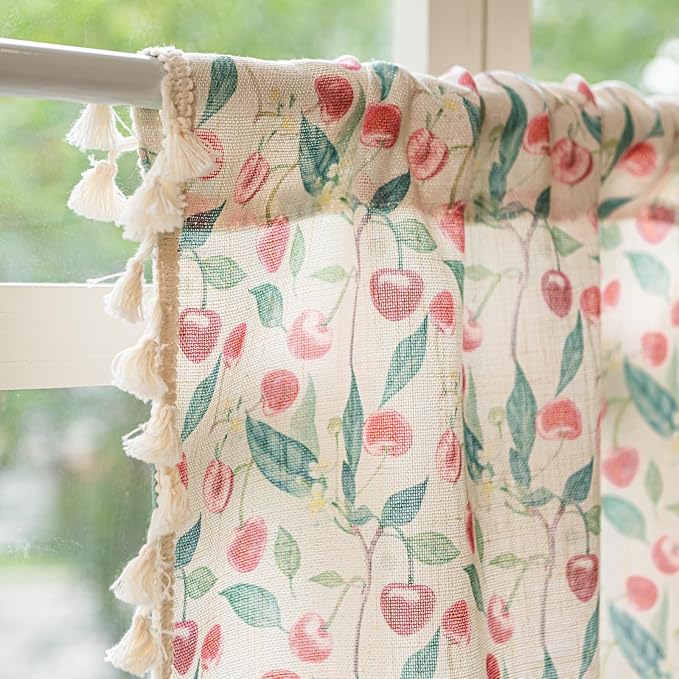 Deeprove Valance Kitchen Curtain Linen Look 18 Inch for Living Room Bedroom Window Treatment Fruits Red Cherry Print Privacy Light Filtering Vintage Rustic Farmhouse Cottagecore Rod Pocket 1 Panel