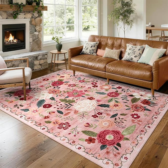 5x7 Washable Area Rug for Living Room, Floral Non-Slip Non-Shedding & Easy Care, Soft Low Pile Boho Indoor Floor Carpet for Living Room, Bedroom, Farmhouse, Dining Room, Kids Playroom, Pink