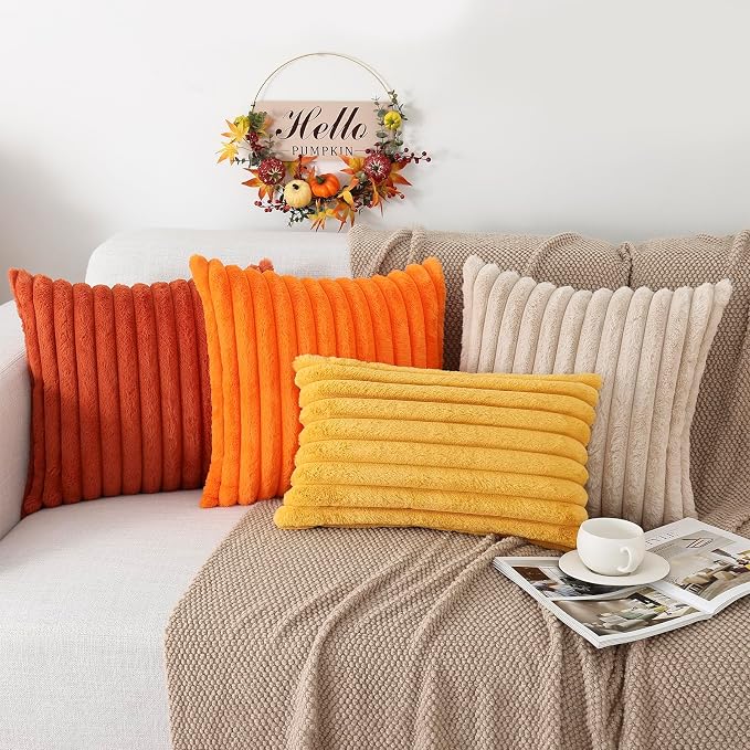 Pallene Faux Fur Plush Fall Throw Pillow Covers 26x26 Set of 2, Luxury Soft Fluffy Striped Decorative Pillow Covers for Sofa, Couch, Living Room, Orange