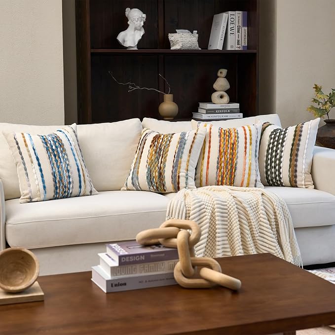 Aeckself Boho Pillow Covers 18x18 Inch Set of 2, Farmhouse Decorative Striped Square Chenille Tufted Accent Neutral Throw Pillow Covers for Living Room Couch Bed, Yellow Orange