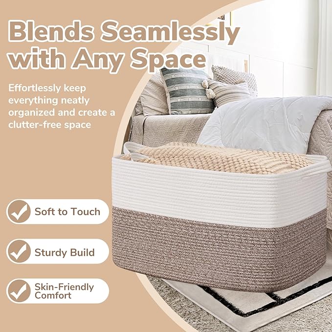 Goodpick 85L Large Woven Basket 23.6" x 15.7" x 13.8" Cotton Rope Storage Organizer for Blankets Dirty Clothes, Rectangle Toy Storage Basket for Nursery Home Decor, Brown