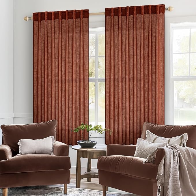 MIULEE Burnt Orange Short Linen Curtains 45 Inch Length 2 Panels for Kitchen Bedroom Bathroom, Soft Thick Linen Textured Basement Window Drapes Semi Sheer Light Filtering Back Tab Fall Decorations