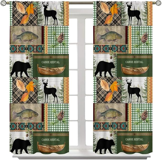 Vintage Animal Blackout Curtains Countryside Farmhouse Hunting Lodge Mountains Lake Bear Deer Plaid Bass Wildlife Windows Treatments Rod Pocket for Kitchen Living Room Bedroom 42x63in