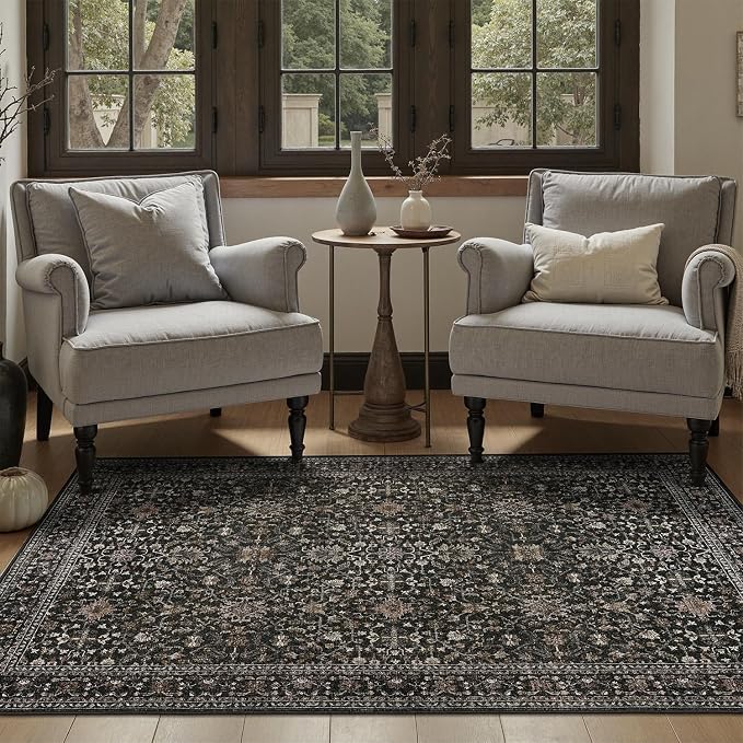 DCX Black 4x6 Rug, Kid & Pet Friendly with Rubber Back Non Slip, Machine Washable Stain Resistant Vintage Traditional Distressed Carpet, Rug for Living Room, Bedroom, Home Decor