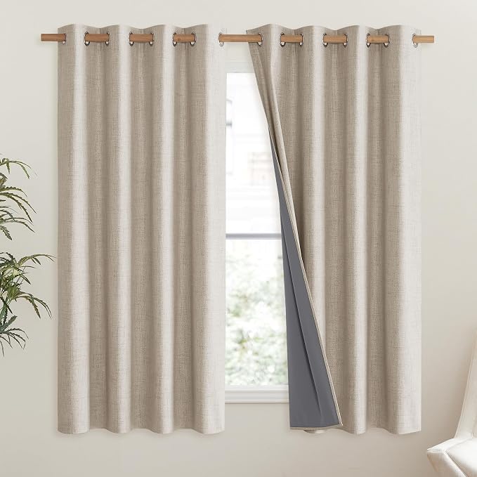 NICETOWN Oatmeal 100% Blackout Short Curtains 63 inches Lenghth Burg for Kitchen, 2 Panels, Burlap Linen Drapes with Thermal Insulated Grey Liner, Keeping Out Cold Air and Heat Panels