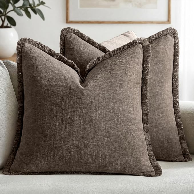 MIULEE Decorative Throw Pillow Covers Neutral Linen Fringe Throw Pillows Euro Shams Set of 2 Natural Coffee Boho Farmhouse Cushion Covers for Couch Sofa Bed Living Room Fall Home Decor 22x22 Inch