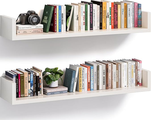 Floating Bookshelves for Wall - Wall Mounted Bookshelf Set of 4, U-Shaped Hanging Bookshelf for Bedroom, Living Room & Office, Wall Book Shelf for Home Decor & Storage (White, 31.5, 2)