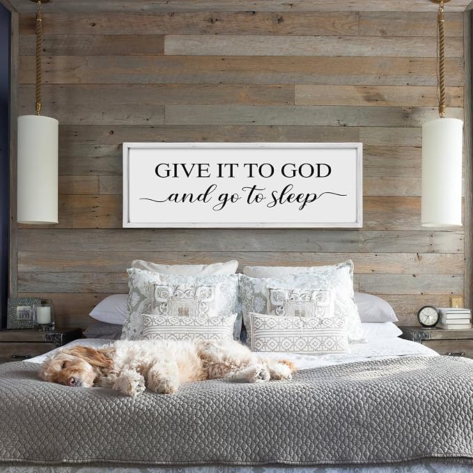 Give It to God and Go to Sleep Sign 42''×15'' Large Above Bed Wall Decor Farmhouse Bedroom Decor Wood Framed Guest Room Decor Wall Art Rustic Master Bedroom Wall Decoration (White)