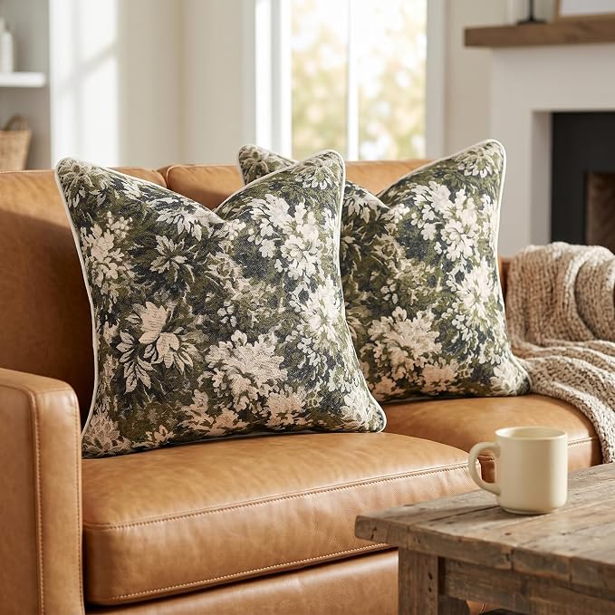Vintage Floral Throw Pillow Covers 20x20 Inches Set of 2 Boho Farmhouse Pillow Cases Premium Chenille Textured Decorative Cushion Covers for Couch Retro Garden Farmhouse Style Olive