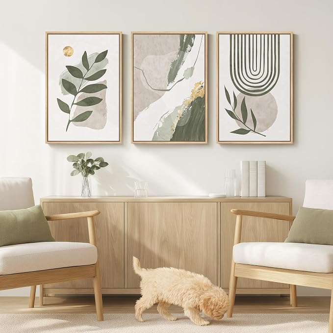 Large Framed Boho Sage Green Abstract Wall Art for Living Room, 3 Piece Leaf Botanical Canvas Artworks Decor, Minimalist Geometric Beige Gold Painting Prints for Dining Room Bedroom Office 16x24 Inch