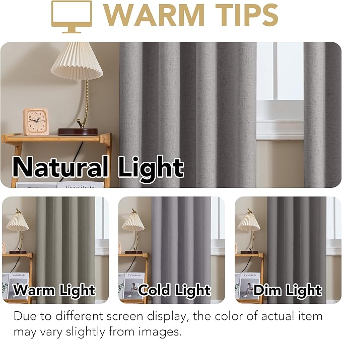 H.VERSAILTEX Linen Curtains 100% Blackout Curtains for Bedroom 90 inch Long Full Light Blocking Nature Linen Blended Window Curtains for Living Room Nickel Grommet (2 Panels, Heathered Dove)
