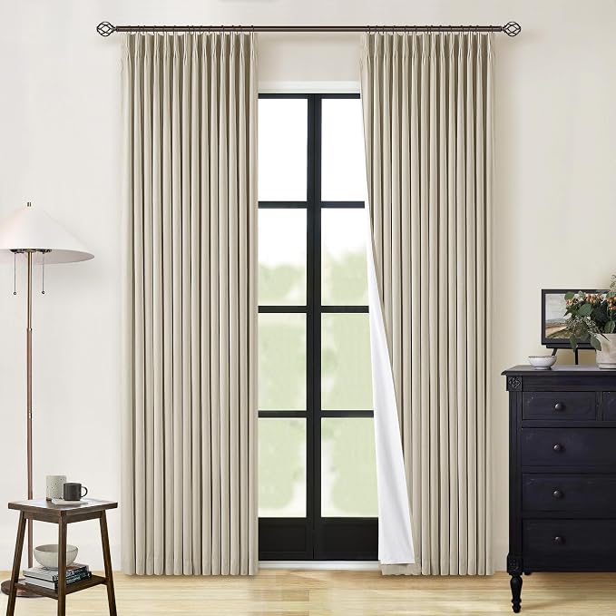 Neutral Pinch Pleated Linen Blackout Curtains 84 Inch Length 2 Panels Insulated Thermal Full Blackout Dual Layer Drapes for Bedroom Living Room Darkening Taupe Pinch Pleat Curtains with Hooks Rings