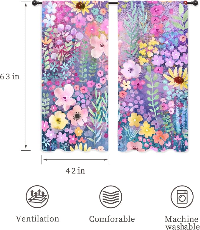 Riyidecor Purple Floral Curtains Rustic Boho Cute Wildflower Watercolor Plant Leaves Botanical Flower Spring Nature Rod Pocket Modern Bedroom Living Room Treatment Fabric 2 Panels 42Wx63H Inch