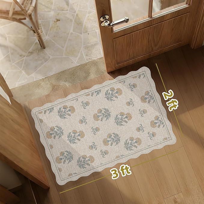ORTIGIA Scalloped Easy Jute 2x3 Area Rug Vintage Yellow Floral Farmhouse Washable Rug Non-Slip Indoor Outdoor Carpet for Living Room Bedroom Kitchen Patio Entryway