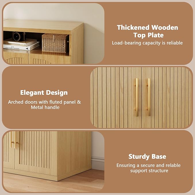 Fluted Buffet Cabinet with Storage, 63" Wide Wood Sideboard Credenza with 4 Doors & Open Storage Shelf, Modern Kitchen Entryway Accent Table for Dining Room Living Room, Kitchen, Hallway, Oak