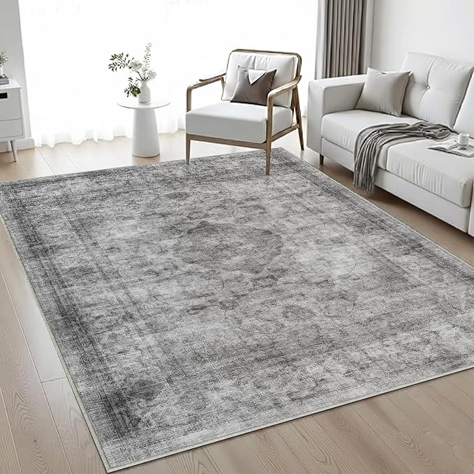 4x6 Area Rug for Living Room-Vintage Farmhouse Boho Floral Washable Stain Resistant Indoor Carpet for Bedroom Office and Home Decor(Ashen Black)