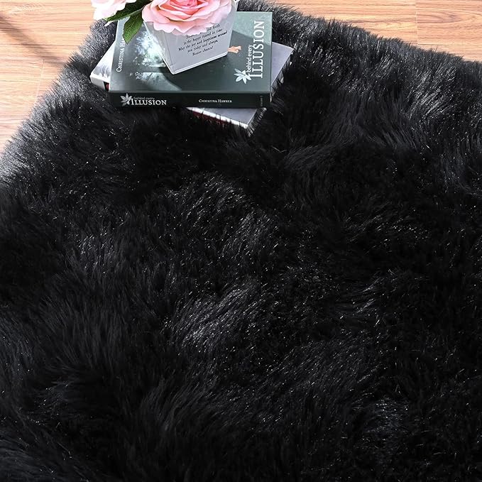 ORINOVA Black Shag Washable Furry Fur Area Rugs for Bedroom Faux Sheepskin Fuzzy Fur Nursery Rug Runners 2x6 Cute Room Décor