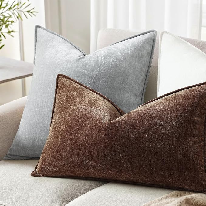 decorUhome Fall Couch Throw Pillow Covers 12x20 Set of 2, Decorative Soft Velvet Modern Cozy Chenille Lumbar Pillow Cases with Elegant Design for Sofa Bed Living Room Home Decor, Dark Brown