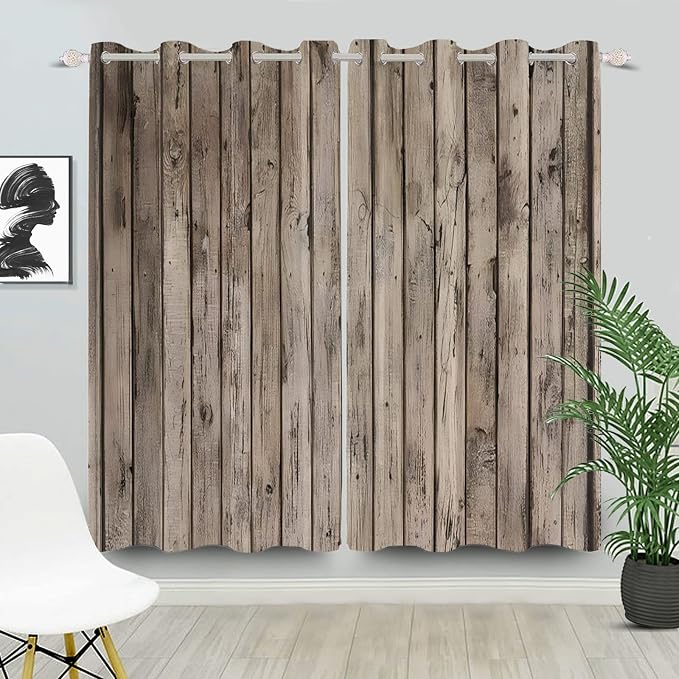 Rustic Curtains Vintage Grey Wood Barn Door Window Curtains Wood Planks American Rural Garage Door Drapes Earth Tone Wooden Door Window Treatments Native Farmhouse Decor,42x96 inch,2 Panels