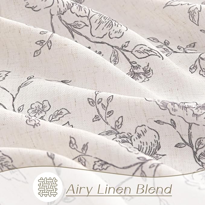 Black Floral Curtains 132 inch Length Back Tab Farmhouser Living Room Light Filtering Curtains Black Pattern Print on Cream White Linen Curtain Extra Long 11 FT Minimalist Aesthetic Vintage Decor
