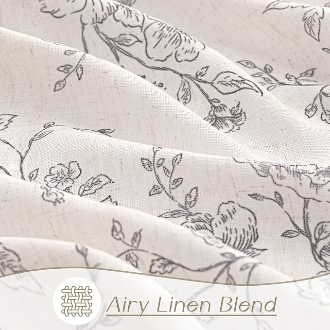 Floral Linen Curtains - 100 Inch Length for Living Room & Bedroom, Botanical Patterned, Burlap Textured, Rustic Farmhouse, Shabby Chic, Extra Long Drapes