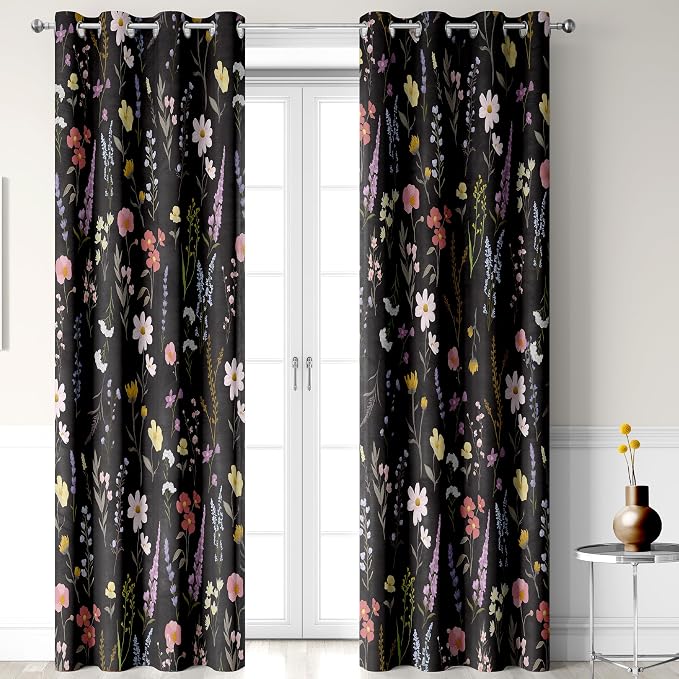 Boho Floral Blackout Curtain, Colorful Flower Leaves Nature Botanical Black Window Curtains Darkening Thermal Insulated Grommet Window Drapes for Living Room Bedroom Decor 2 Panels 52x84 Inches