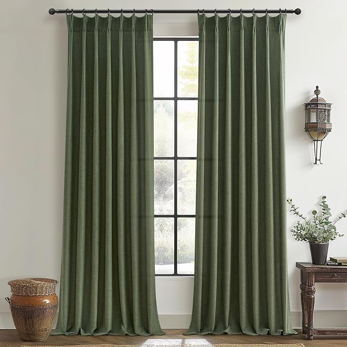 PleatedDrapes Olive Green Sheer Curtains 90 Inches Long 2 Panels Set for Bedroom, Loden Pinch Pleated Linen Dark Academia Window Drapes Light Filtering Privacy Sliding Door Viral Curtain 40"W x 90"L