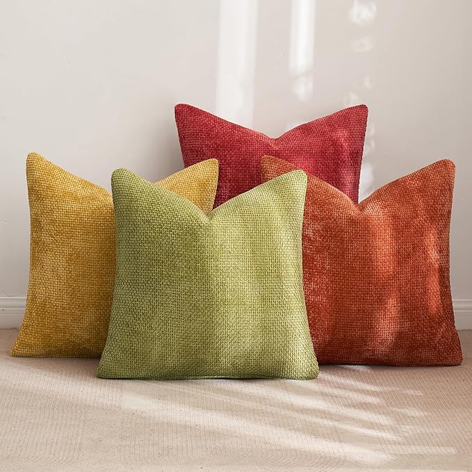 MIULEE Pack of 4 Burnt Orange Couch Throw Pillow Covers 18x18 Inch Yellow Green Soft Decorative Chenille Pillows Farmhouse Accent Cushions for Boho Fall Home Decor Sofa Bedroom Living Room