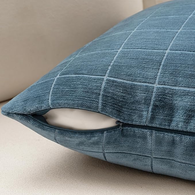 MIULEE Blue Plaid Decorative Throw Pillow Covers 18x18 Set of 2 | Vintage Check Chenille Couch Pillows Neutral Boho Farmhouse Cushion Covers Modern Home Decor for Sofa Bed Living Room