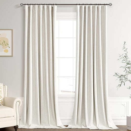 Joywell 100% Blackout Linen Curtains 106 Inch Long for Bedroom Natural Black Out Curtain Back Tab Hook Belt Light Blocking Drapes for Living Room High Ceiling Window Cream Ivory 2 Panel,52 x 106