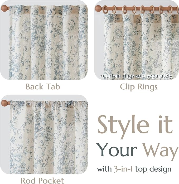 jinchan Linen Blend Curtain Floral Curtains for Living Room 90 Inch Length Blue Printed Curtain Rod Pocket Back Tab Farmhouse Peony Flower Patterned Drapes Bedroom Window Curtains Set 2 Panels