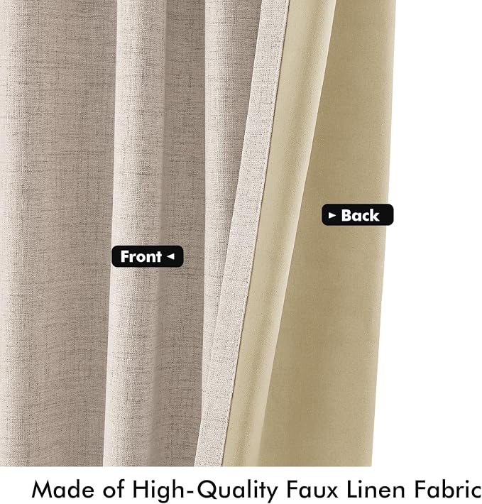 MIULEE 100% Blackout Linen Curtains for Bedroom, Natural Solid Luxury Decor Thermal Insulation Room Darkening Drapes for Living Room Back Tab Rod Pocket 42 x 90 Inches, 2 Panels