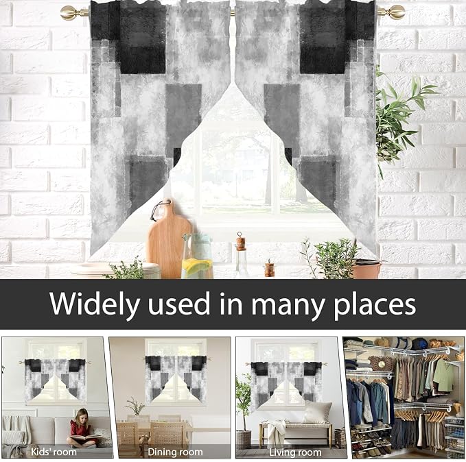AAtter Black Grey Kitchen Valance Curtain for Window Gray Abstract Dark White Cool Ombre Small Short Swag Topper Bathroom Living Room Bedroom Rod Pocket Drapes Fabric 1 Pair, 28" W x 36" L, Geometric