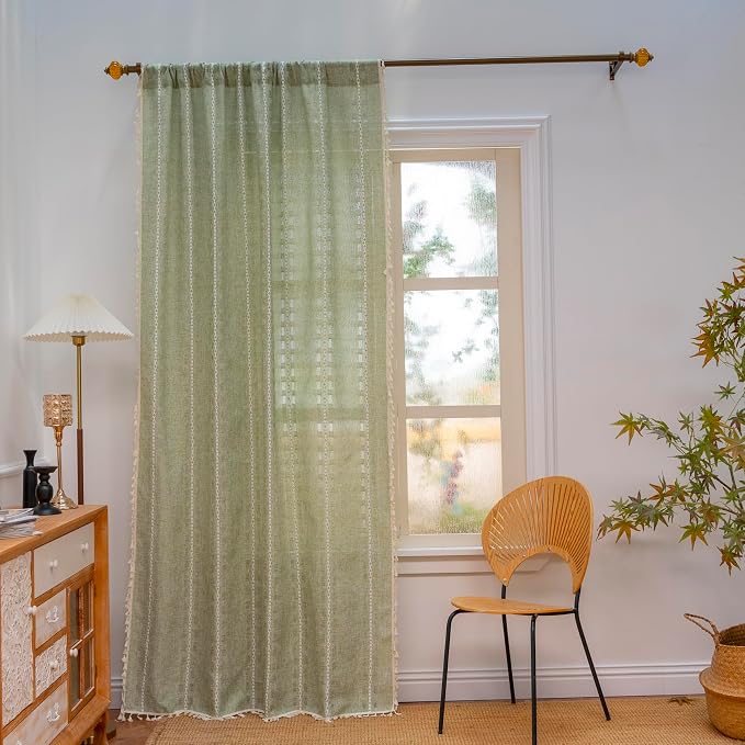 Deeprove Sage Green Boho Curtain 96 inches Length for Living Room Bedroom Nursery Doorway, Sheer Bohemian 96 inches Long Stripe Embroidery Privacy Window Fringe Christmas Decor W52 x L96, 1 Panel