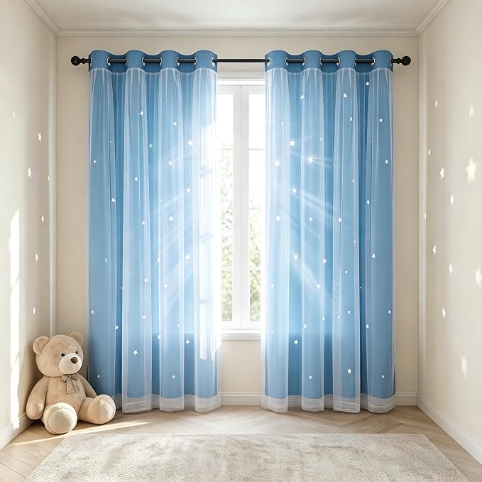 Star Cutout Blackout Curtains Double Layer Curtains with Durable Sheer Curtains for Bedroom Thermal Insulated Window Treatment Set with 2 Free Tiebacks (52Wx63L 2 Panels Sky Blue)