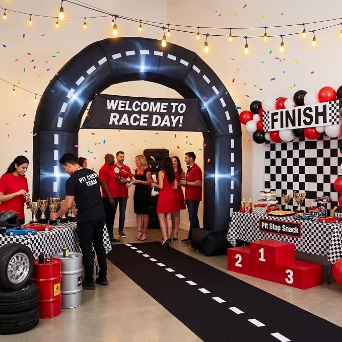 Seenelling 9 Ft Race Car Party Inflatable Archway, Blow Up Racetrack Arch with Built-in LED Lights Racing Themed Decoration for Birthday Party Lawn Yard Decor
