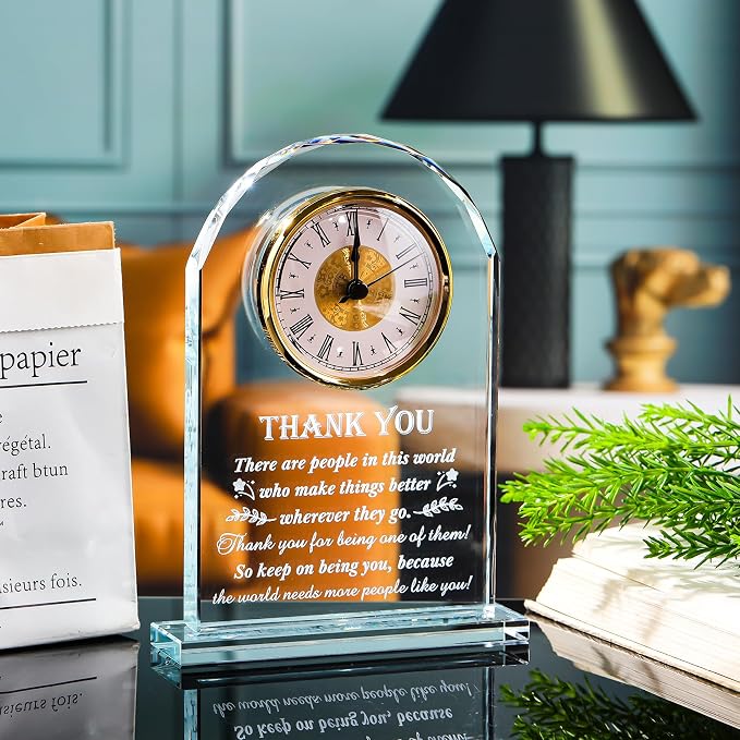 Thank You Gifts for Men Women - Appreciation Gift for Teacher Doctor Nurse Boss Coworker - Crystal Clock Inspirational Gratitude Presents for Male Leader Friends Christmas Grateful Plaque Decor