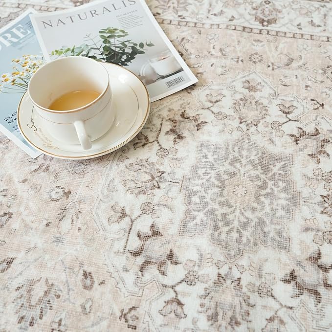Hallway Washable Runner Rug - 2x7 Kitchen Rugs Entryway Rug Runner Vintage Soft Floor Mat Non Slip Indoor Farmhouse Carpet for Bathroom Living Room Bedroom (2 X 7, Beige)