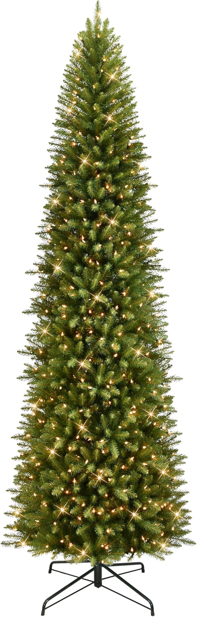 Puleo International 10ft Pre-Lit Fraser Fir Pencil Christmas Tree with 650 Clear Lights, 2436 Realistic Dense Branch Tips, Easy Setup Artificial Trees with Sturdy Metal Stand
