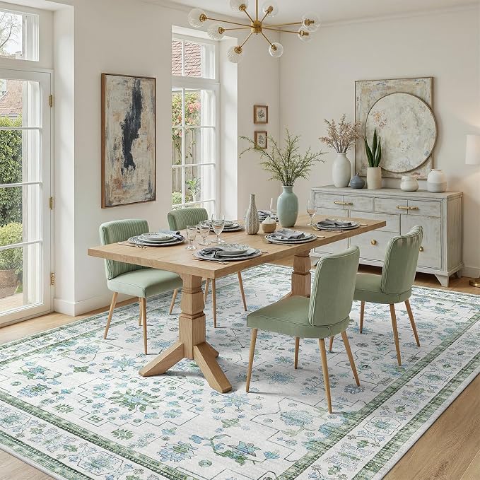DCX Green 8x10 Rug, Kid & Pet Friendly with Rubber Back Non Slip, Machine Washable Stain Resistant Vintage Boho Floral Rug for Living Room, Bedroom, Soft Low Pile Large Nursery Carpet