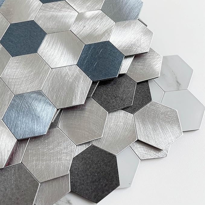 BeNice Peel and Stick Backsplash Hexagon for Kitchen 3D Adhesive Metal Wall Tile Stickers 10pcs Blue