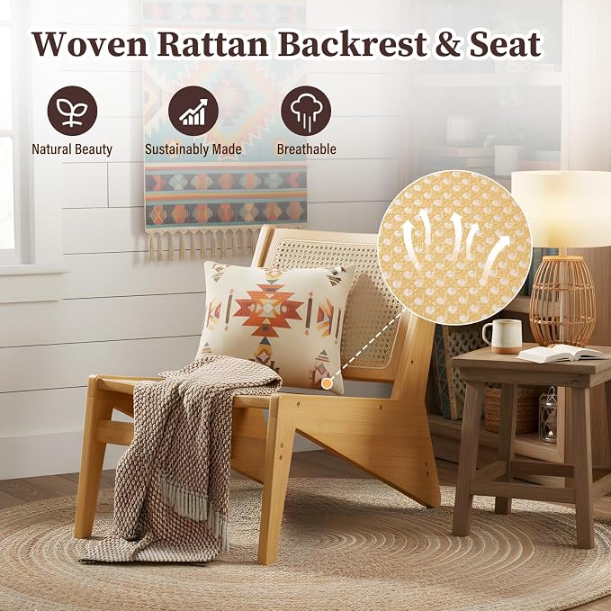 Furlide Rattan Chair 2Pcs, Mid Century Modern Accent Chair, Leisurely Reading Chair for Living Room（Wood）